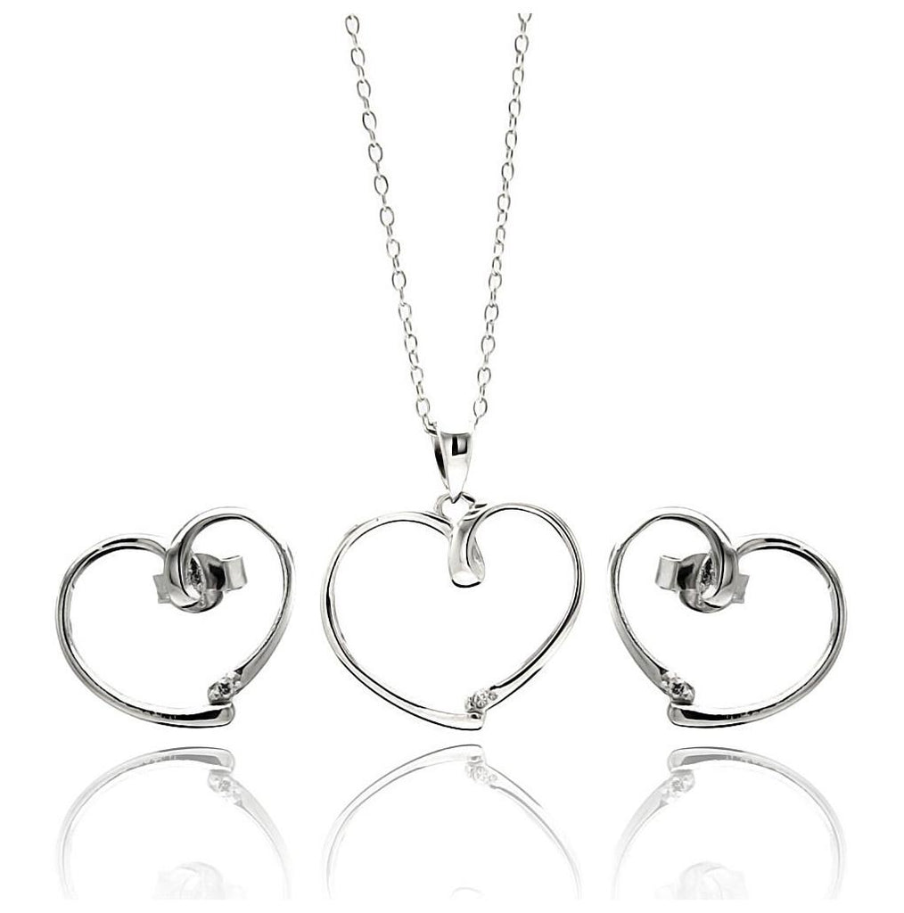 .925 Sterling Silver Rhodium Plated Open Heart Cz Stud Earring & Necklace Set