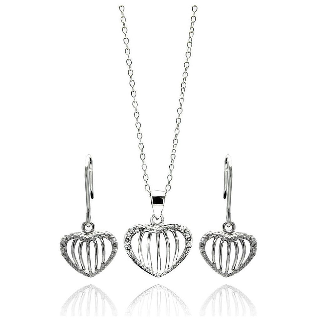 .925 Sterling Silver Rhodium Plated Open Heart Stripe Cz Stud Earring & Necklace Set