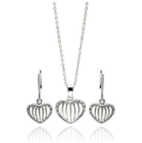 .925 Sterling Silver Rhodium Plated Open Heart Stripe Cz Stud Earring & Necklace Set