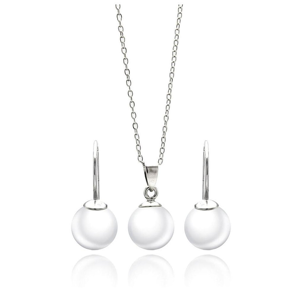 .925 Sterling Silver Rhodium Plated White Enamel Lever Back Earring & Necklace Set