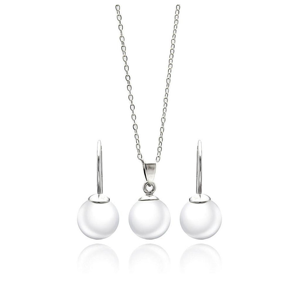 .925 Sterling Silver Rhodium Plated White Enamel Pearl Lever Back Earring & Necklace Set