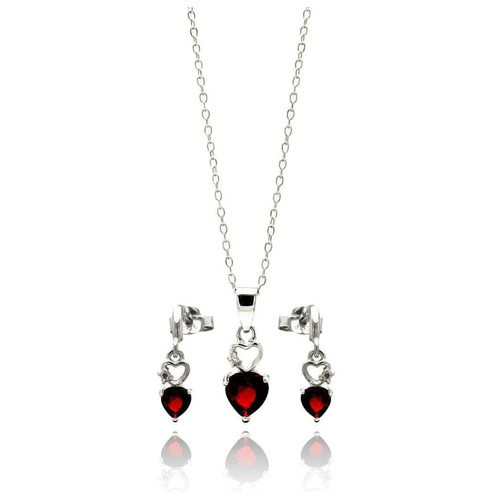 .925 Sterling Silver Rhodium Plated Open Graduated Red Heart Stud Earring & Necklace Set