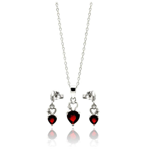 .925 Sterling Silver Rhodium Plated Open Graduated Red Heart Stud Earring & Necklace Set