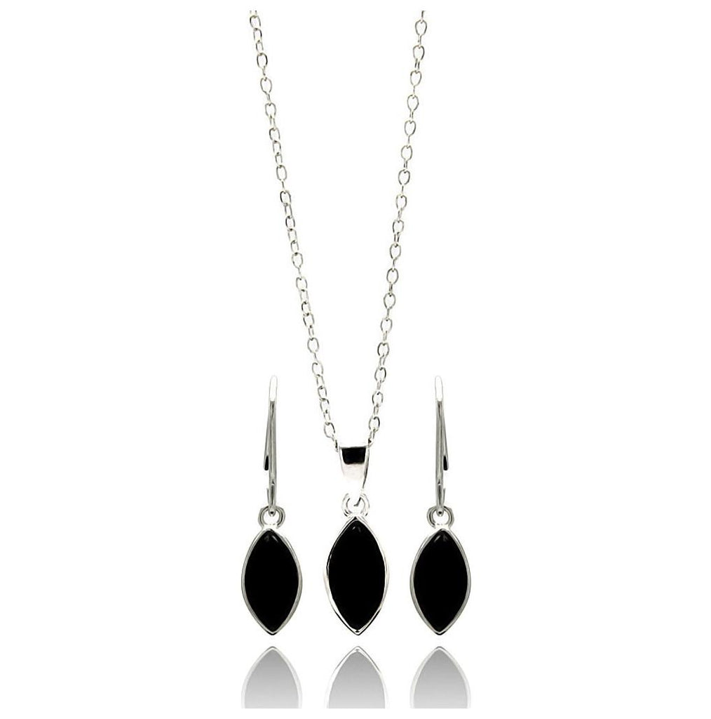 .925 Sterling Silver Rhodium Plated Black Marqui Cz Dangling Lever Back Earring & Necklace Set