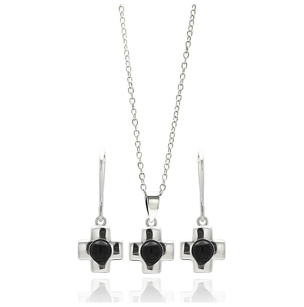 .925 Sterling Silver Rhodium Plated Cross Center Black Onyx Lever Back Dangling Earring & Necklace Set