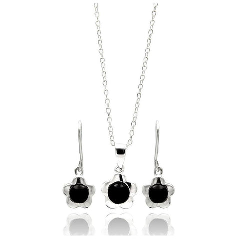 .925 Sterling Silver Rhodium Plated Flower Black Round Cz Dangling Lever Back Stud Earring & Necklace Set