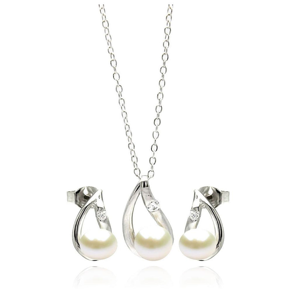 .925 Sterling Silver Rhodium Plated Curvy Open Teardrop Pearl Stud Earring & Necklace Set