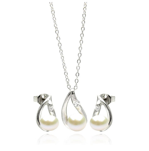 .925 Sterling Silver Rhodium Plated Curvy Open Teardrop Pearl Stud Earring & Necklace Set