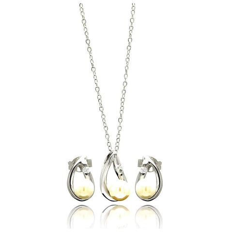 .925 Sterling Silver Rhodium Plated Curvy Teardrop Center Pearl Earring & Necklace Set