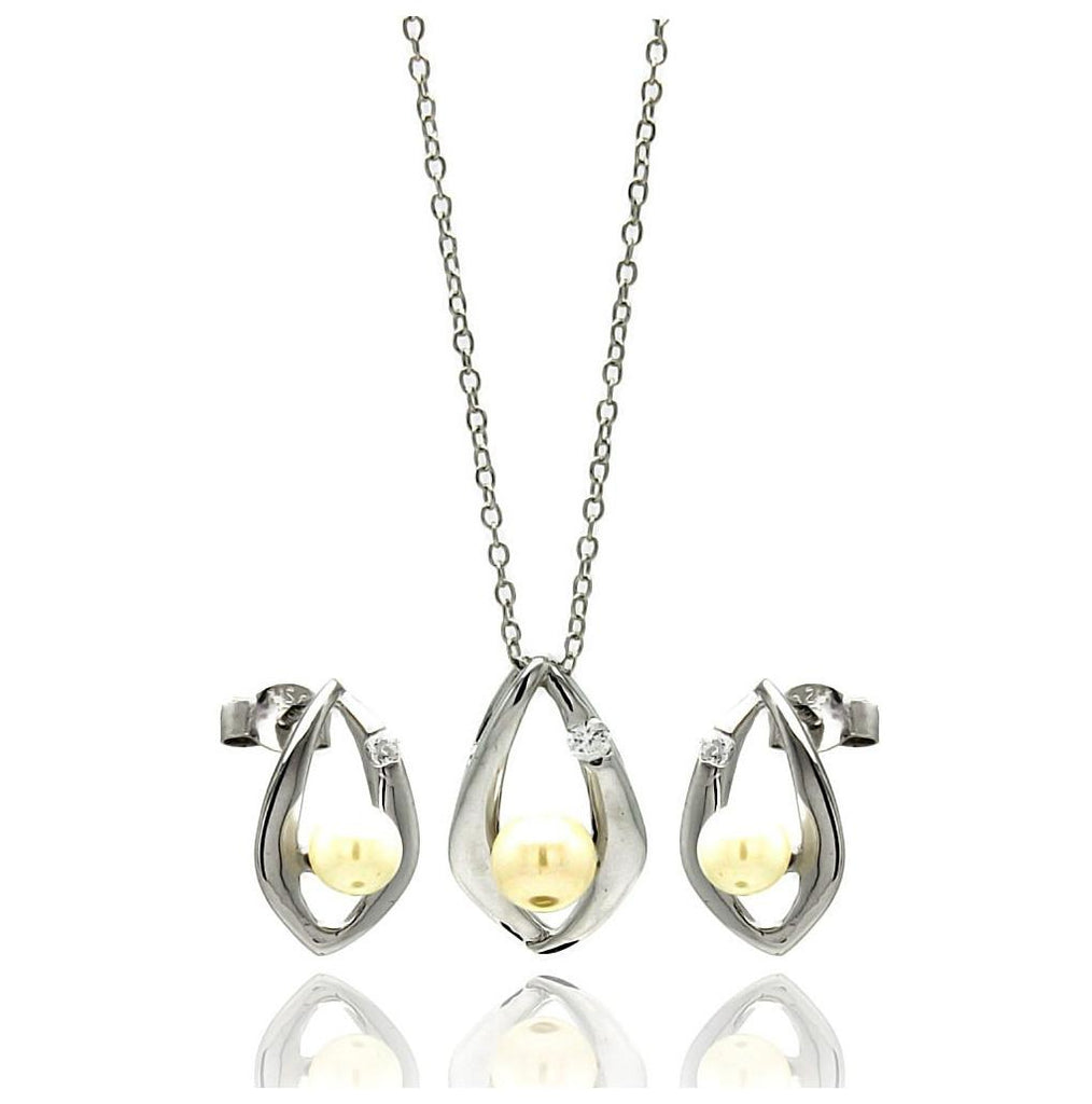 .925 Sterling Silver Rhodium Plated Open Teardrop Center Pearl Stud Earring & Necklace Set