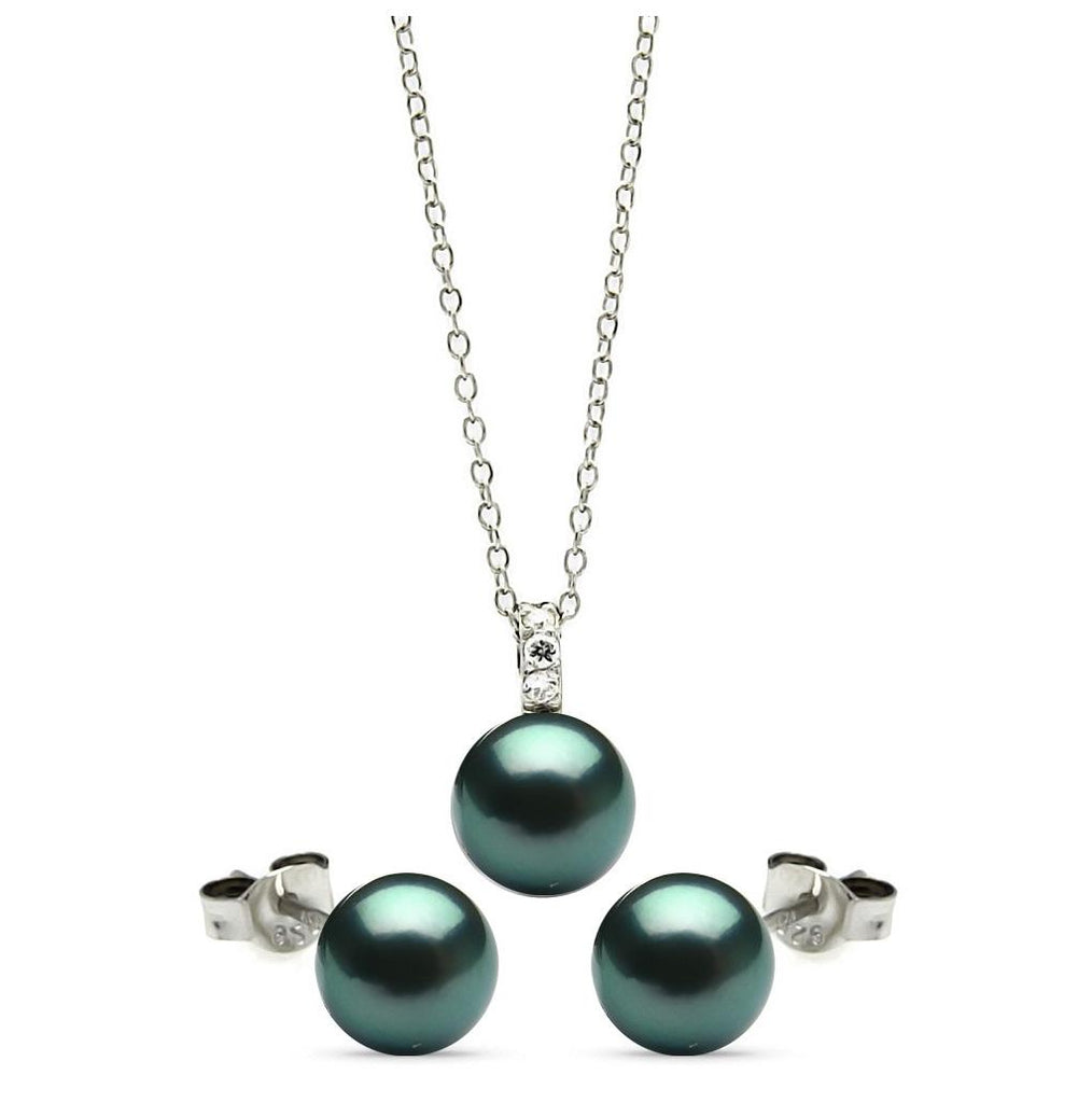 .925 Sterling Silver Rhodium Plated Dark Teal Stud Earring & Necklace Set