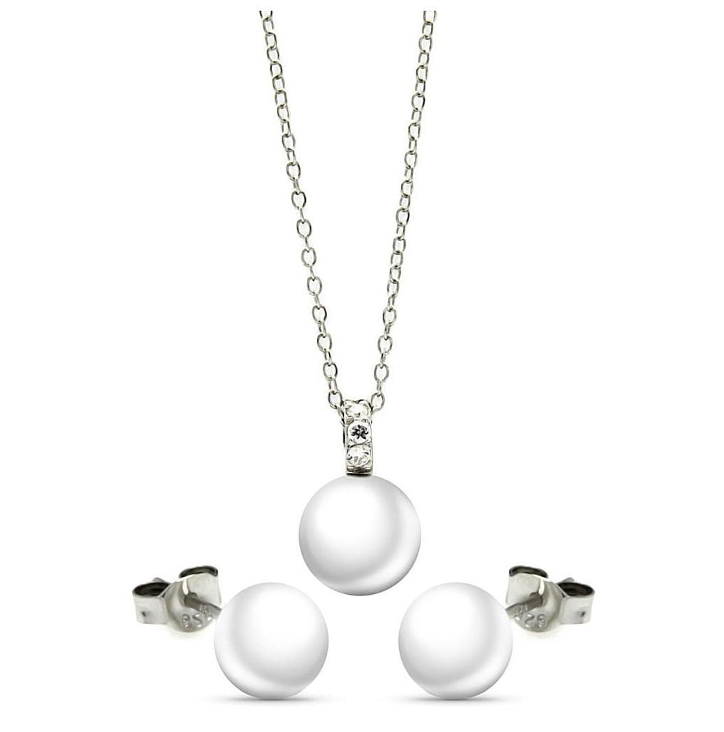 .925 Sterling Silver Rhodium Plated Pearl Stud Earring & Necklace Set