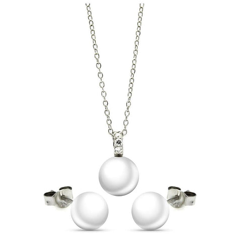 .925 Sterling Silver Rhodium Plated Pearl Stud Earring & Necklace Set