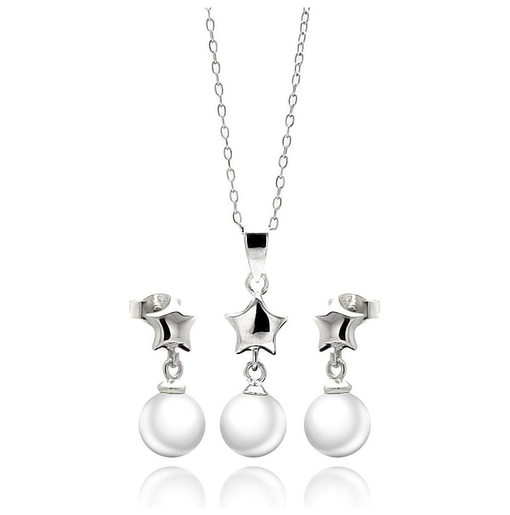 .925 Sterling Silver Rhodium Plated Star White Enamel Pearl Dangling Stud Earring & Necklace Set