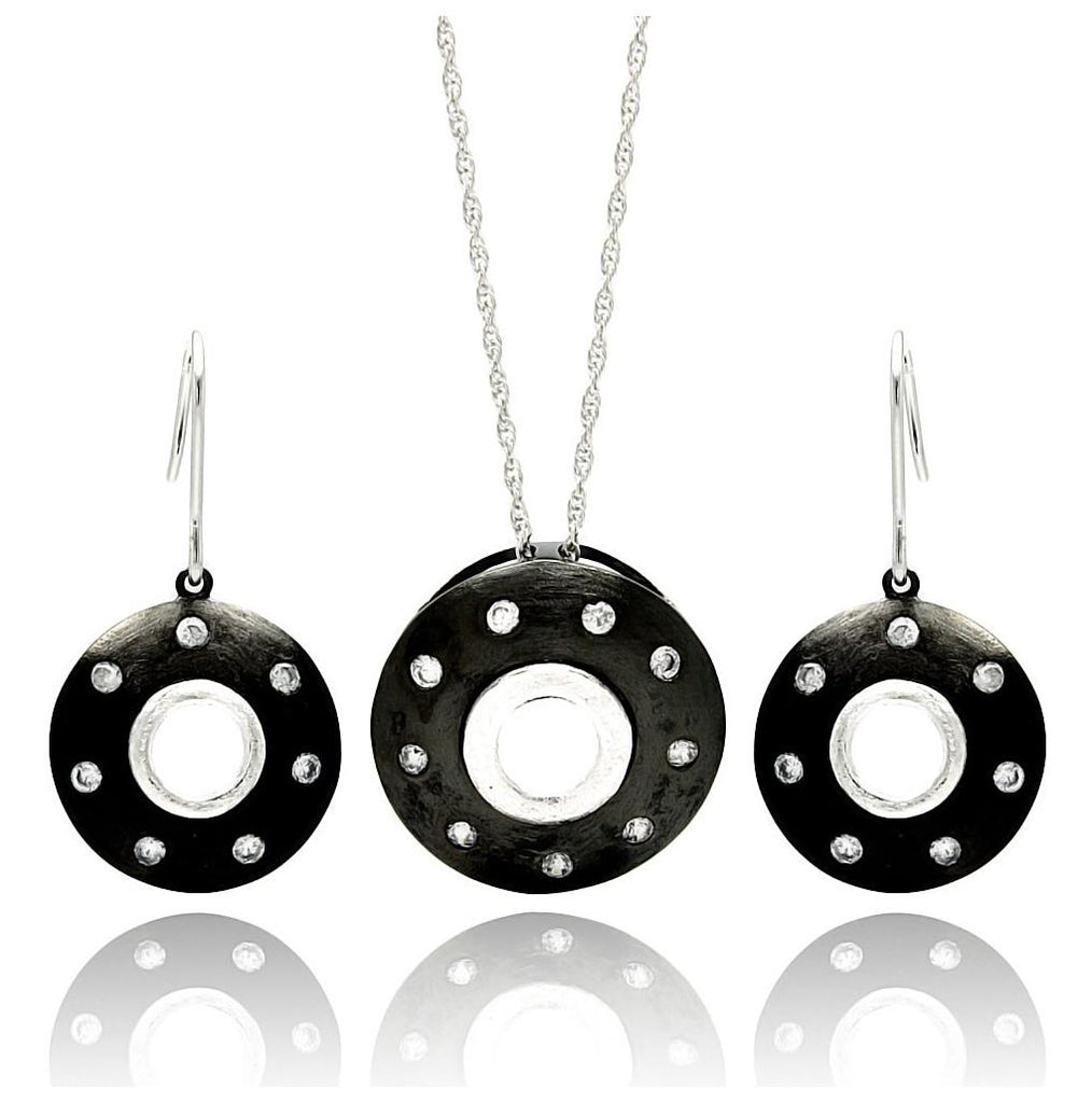 .925 Sterling Silver Rhodium Plated Round Black Onyx Cz Hook Earring & Necklace Set