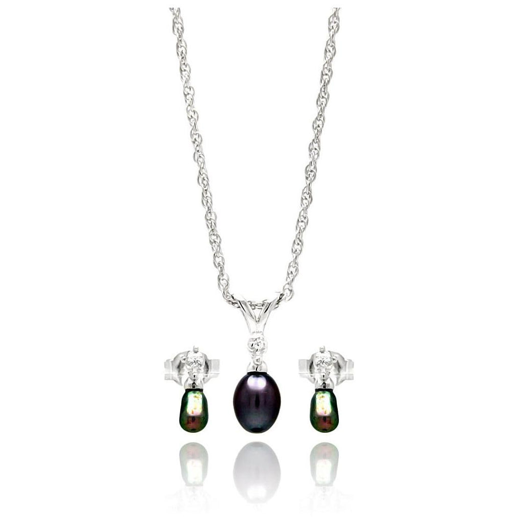 .925 Sterling Silver Rhodium Plated Open Small Black Pearl Cz Dangling Stud Earring & Necklace Set