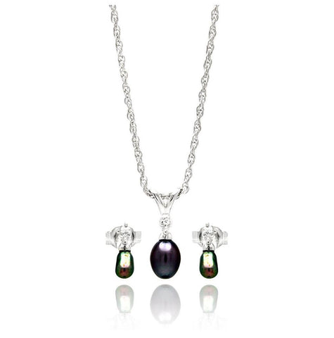 .925 Sterling Silver Rhodium Plated Open Small Black Pearl Cz Dangling Stud Earring & Necklace Set