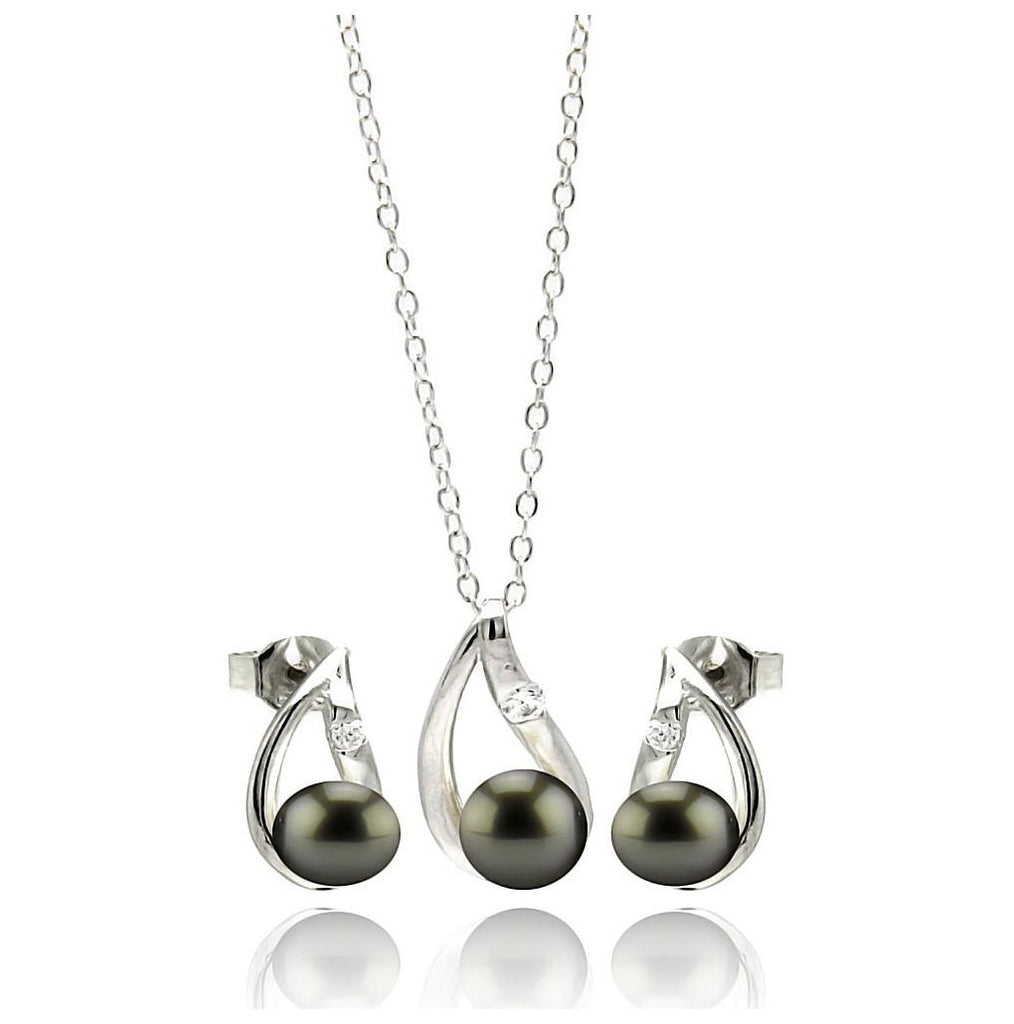 .925 Sterling Silver Rhodium Plated Open Teardrop Black Pearl Hanging Earring & Necklace Set