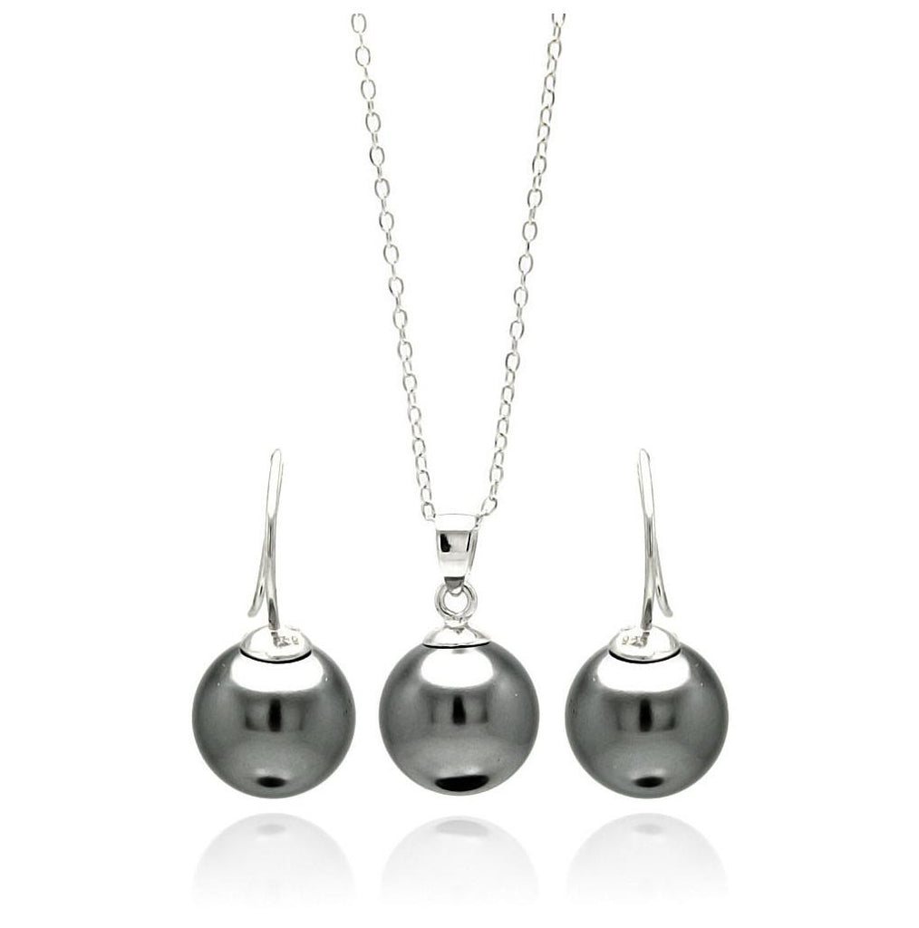 .925 Sterling Silver Rhodium Plated Hanging Black Pearl Hook Earring & Necklace Set