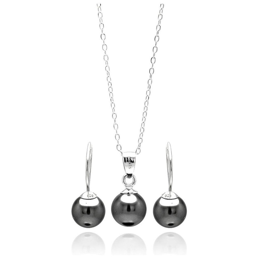 .925 Sterling Silver Rhodium Plated Black Hanging Hook Earring & Necklace Set