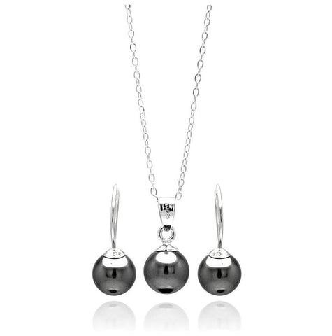 .925 Sterling Silver Rhodium Plated Black Hanging Hook Earring & Necklace Set