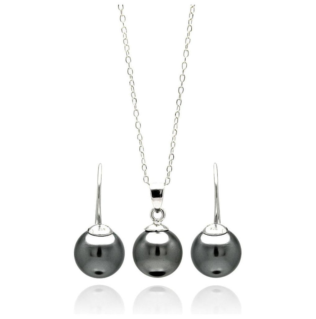 .925 Sterling Silver Rhodium Plated Black Pearl Hanging Earring & Necklace Set