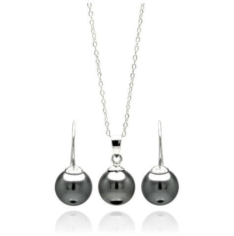 .925 Sterling Silver Rhodium Plated Black Pearl Hanging Earring & Necklace Set