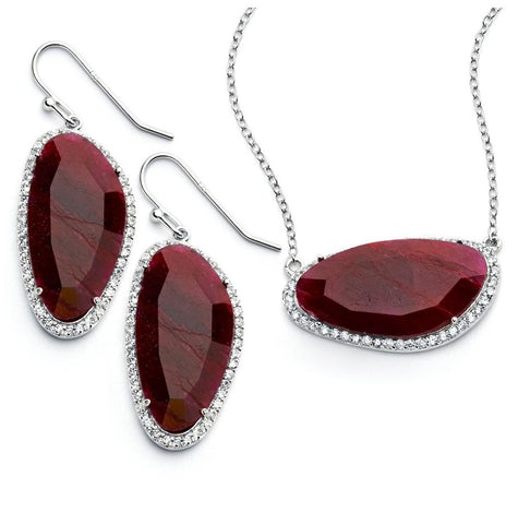 .925 Sterling Silver Rhodium Plated Red Cz Dangling Hook Earring & Necklace Set