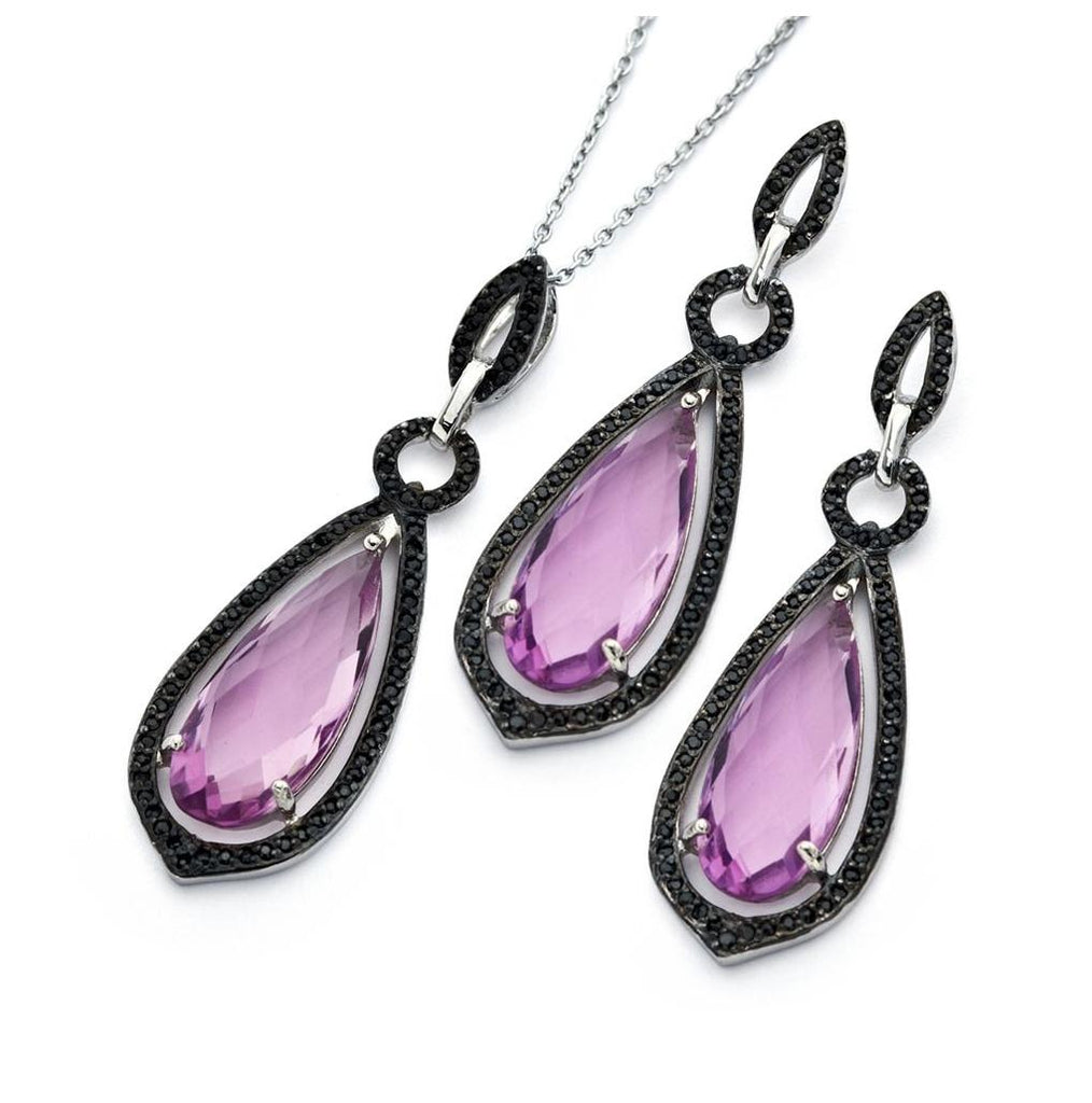 .925 Sterling Silver Black Rhodium Plated Pink Teardrop Cz Dangling Stud Earring & Necklace Set