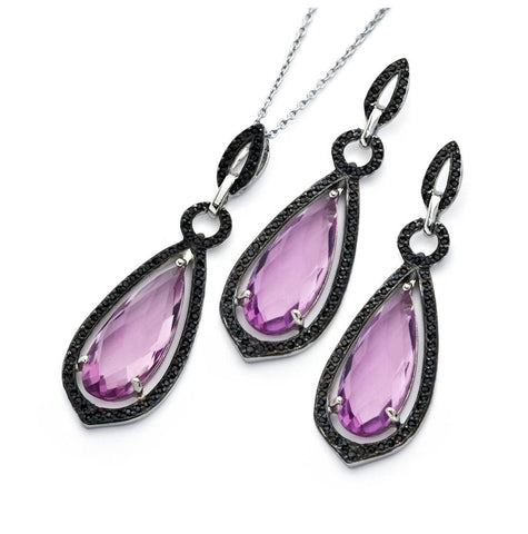 .925 Sterling Silver Black Rhodium Plated Pink Teardrop Cz Dangling Stud Earring & Necklace Set