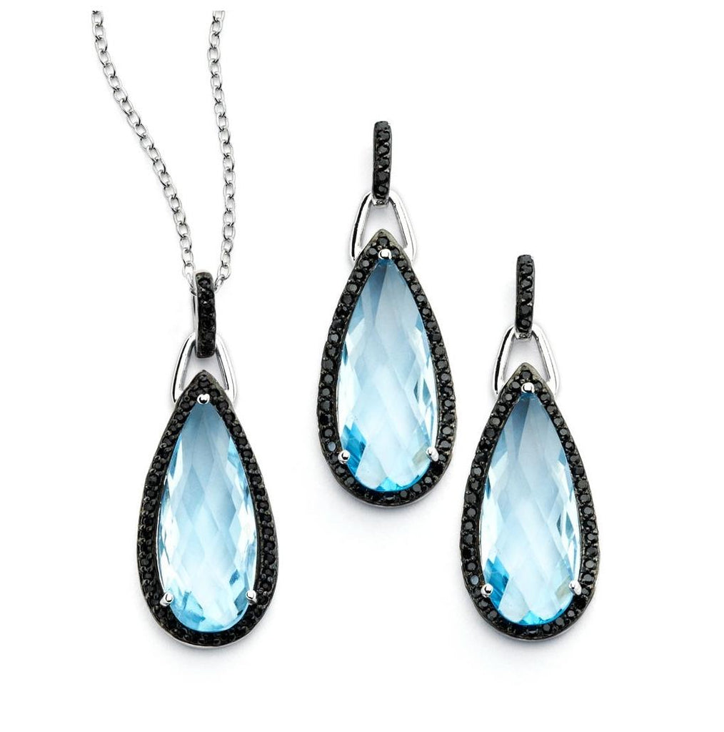 .925 Sterling Silver Black Rhodium Plated Blue Teardrop Cz Dangling Stud Earring & Necklace Set