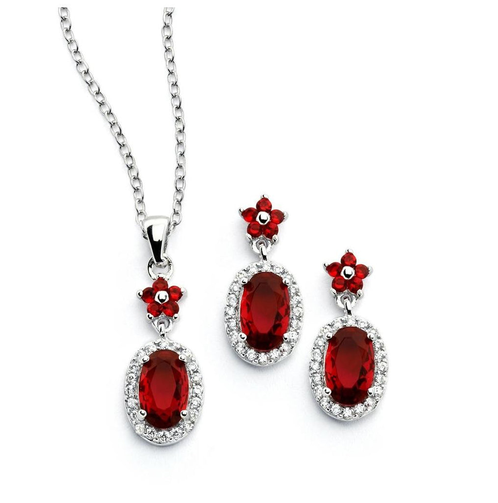 .925 Sterling Silver Rhodium Plated Flower Round Red Cz Dangling Stud Earring & Necklace Set