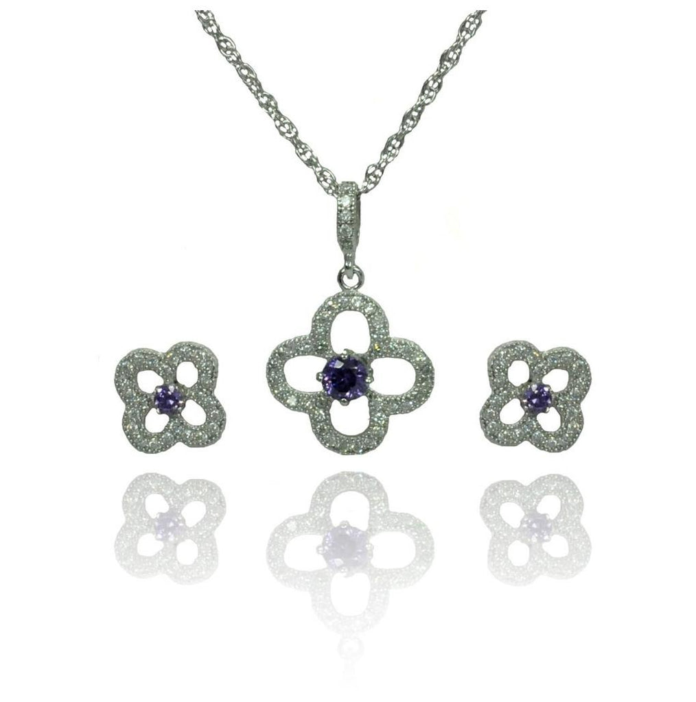 .925 Sterling Silver Rhodium Plated Open Flower Purple Small Round Cz Stud Earring & Necklace Set