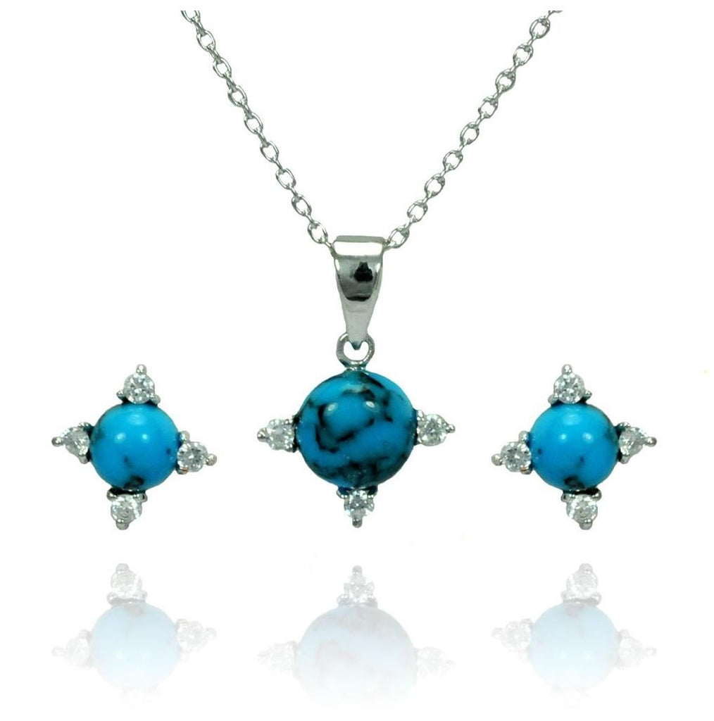 .925 Sterling Silver Rhodium Plated Blue Ball Cz Stud Earring & Necklace Set