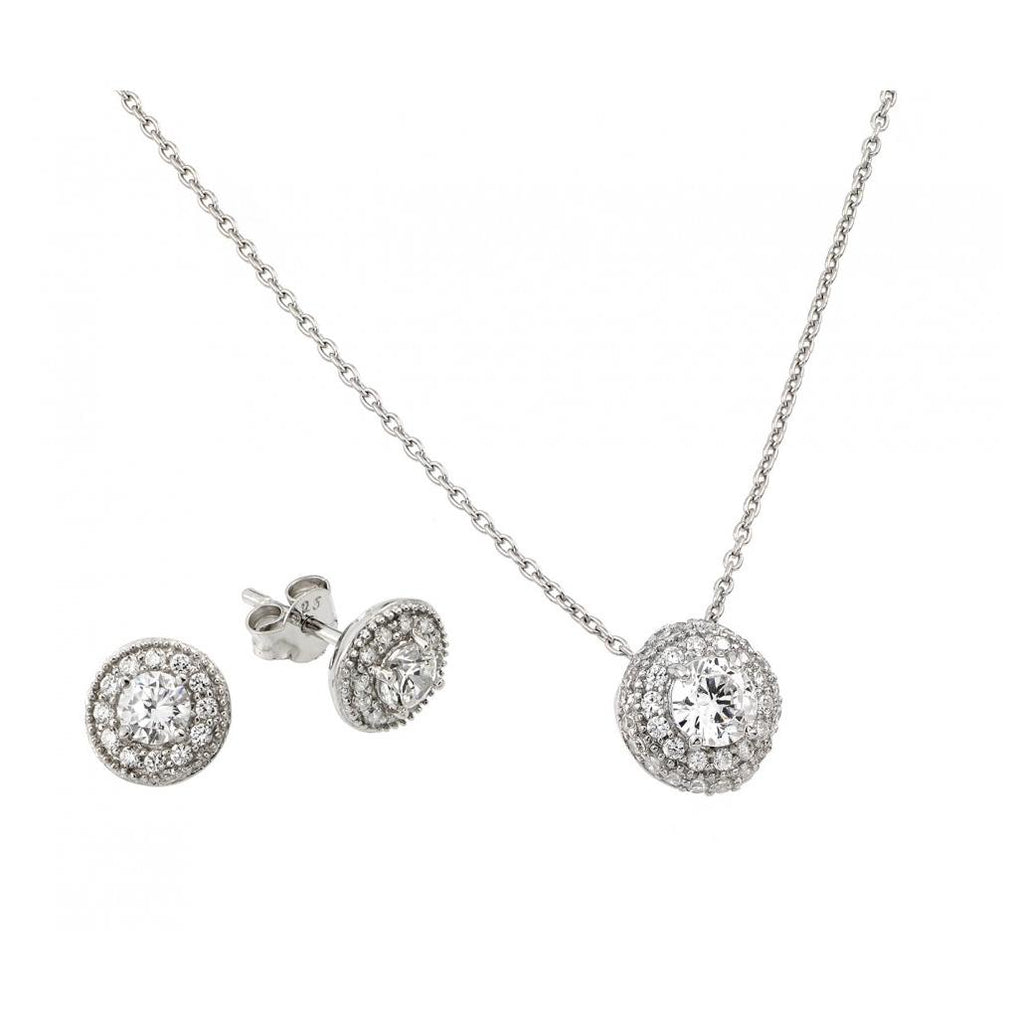 .925 Sterling Silver Rhodium Plated Round Cz Stud Earring & Necklace Set