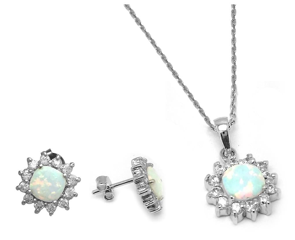 .925 Sterling Silver Rhodium Plated Opal Sun Cz Stud Earring & Necklace Set