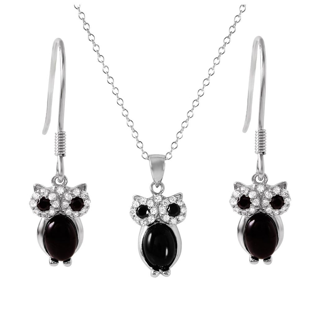 .925 Sterling Silver Rhodium Plated Black Stone Owl Set