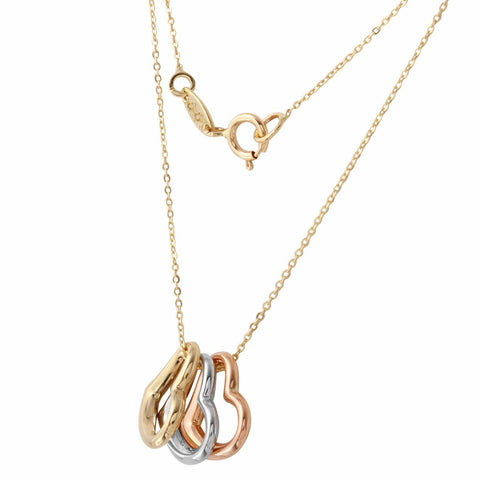 14k Tri-color Rolo Chain Trio Hearts Necklace,size: 17"