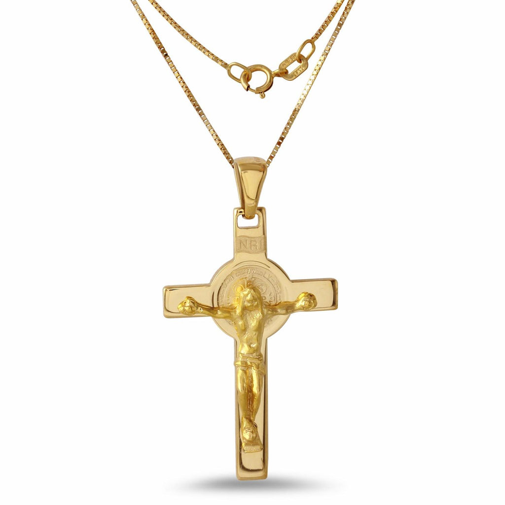 14k Yellow Gold Saint Benedict Italian Cross Charm With 18" Box Chain