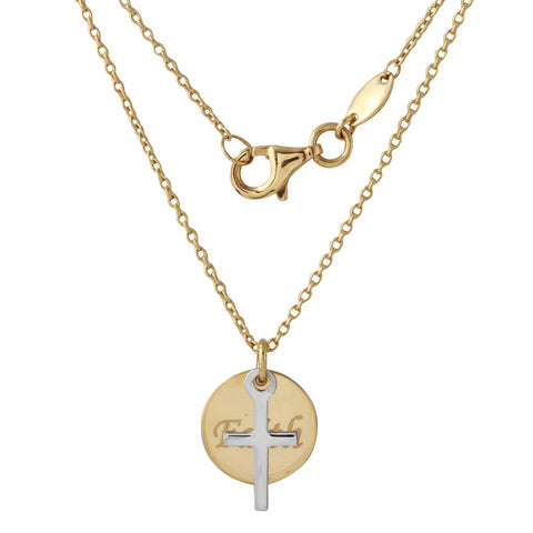 14k Yellow And White Gold "faith" Cross Round Disc Pendant Necklace,size: 18"