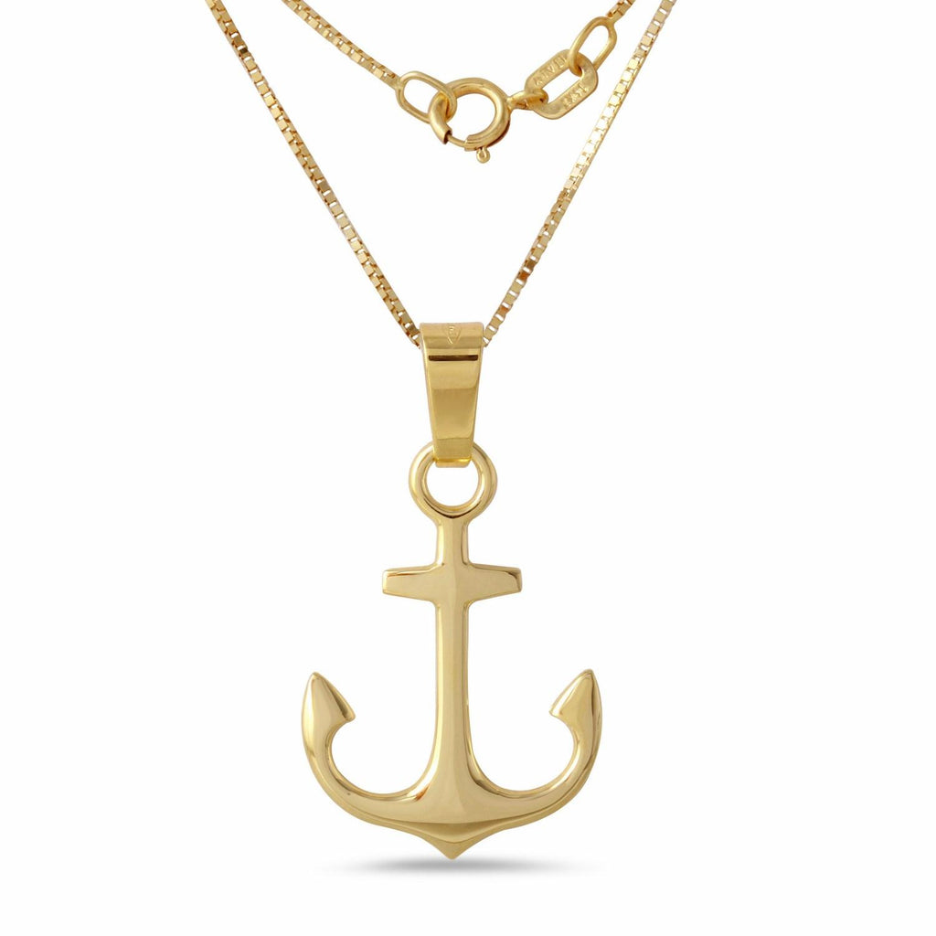 Men's 14k Yellow Gold Italian High Polish Anchor Charm With 18" Box Chain