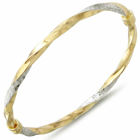 14k Yellow And White Two-tone Gold Twist Bangle Bracelet,size: 7"