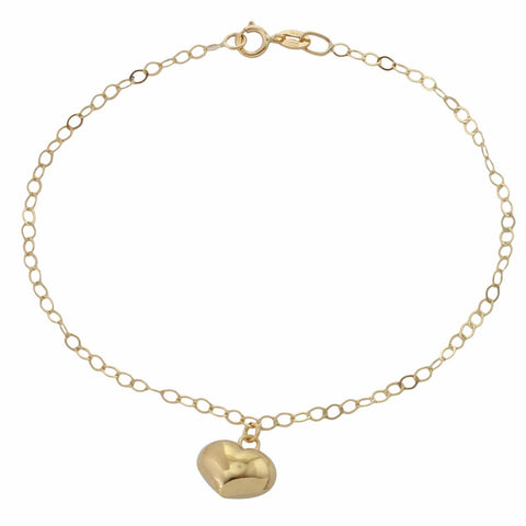 14k Italian Yellow Gold With Dangling Puffy Heart Charm Bracelet,size: 7"