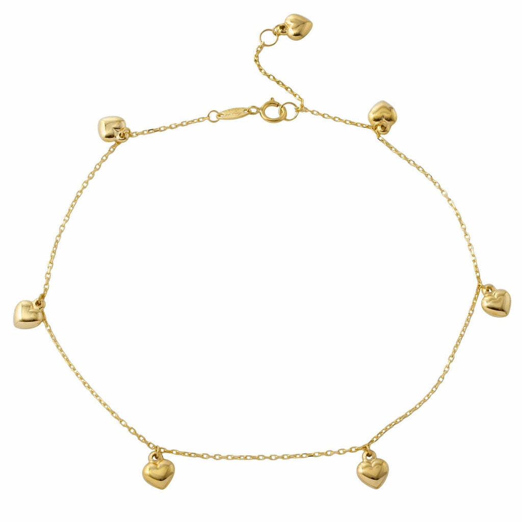 14k Yellow Gold Puffy Heart Rolo Chain Charm Bracelet,size: 7"