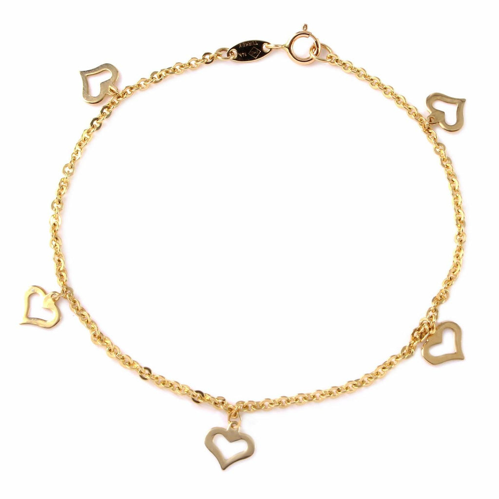 14k Yellow Gold Flat Heart Charms Rolo Chain Charm Bracelet,size: 7"