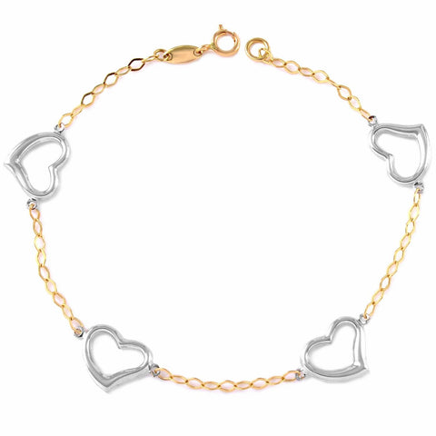 14k White And Yellow Gold Rolo Heart Charm Bracelet,size: 7.25"