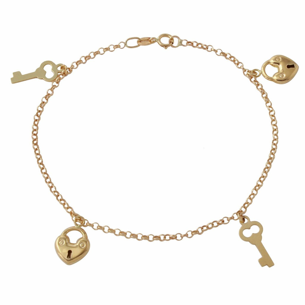 14k Italian Yellow Gold Heart Key Charm Bracelet,size: 7.25"