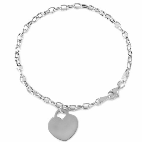 14k White Gold Flat Heart Rolo Charm Bracelet,size: 7.25"