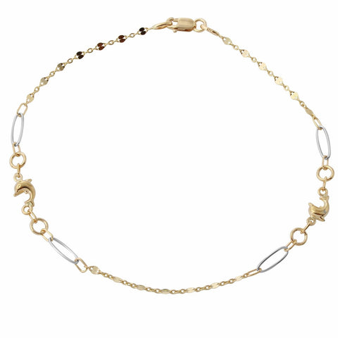 14k Two Tone Gold Italian Dolphin Anklet,size: 9.5"