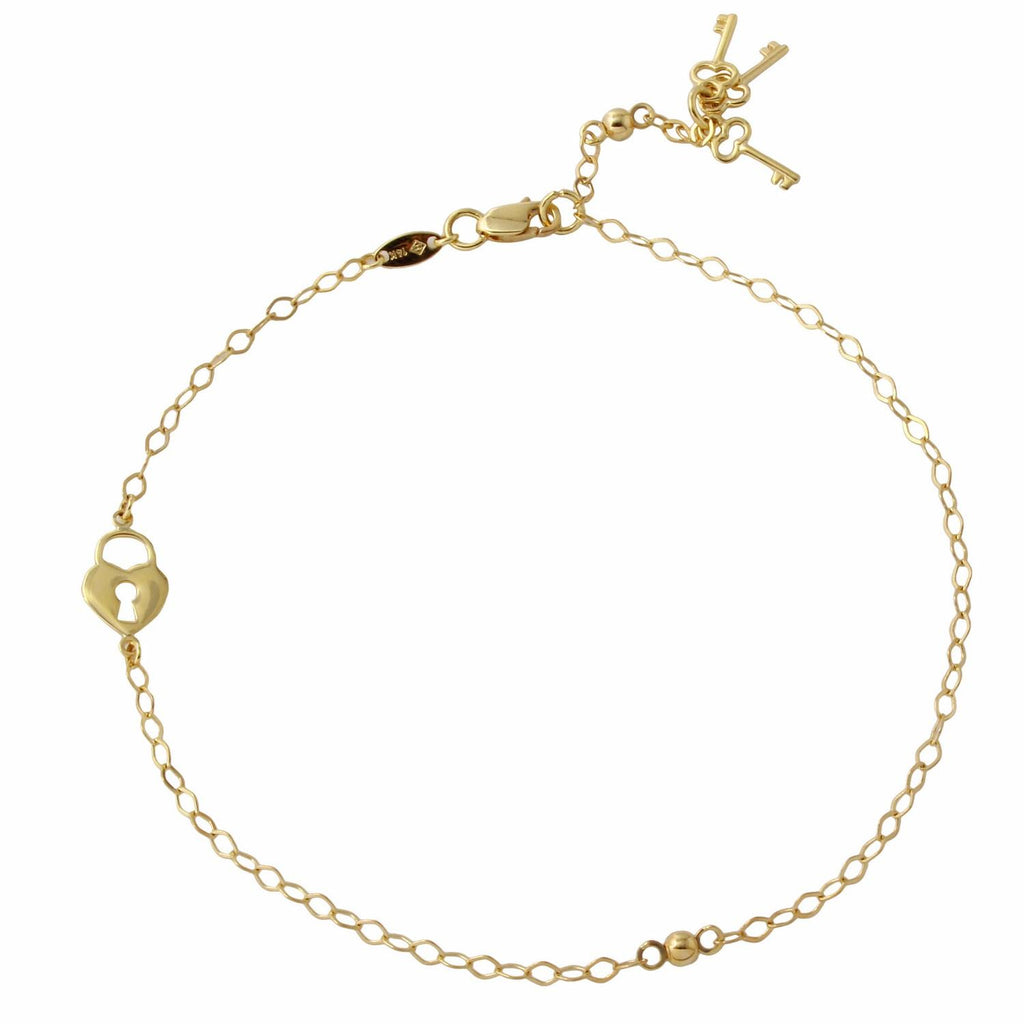 14k Yellow Gold Open Rolo Heart And Key Adjustable Anklet,size: 9"-10"